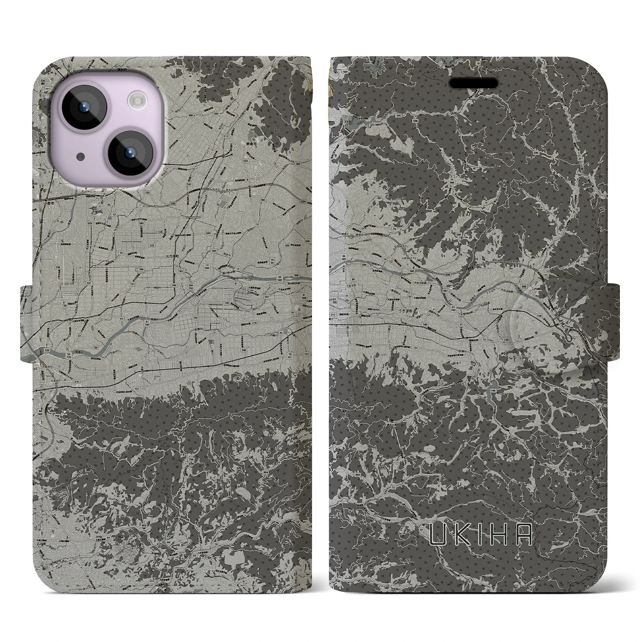 【うきは(福岡県)】地図柄iPhoneケース(手帳タイプ)モノトーン・iPhone 14 用