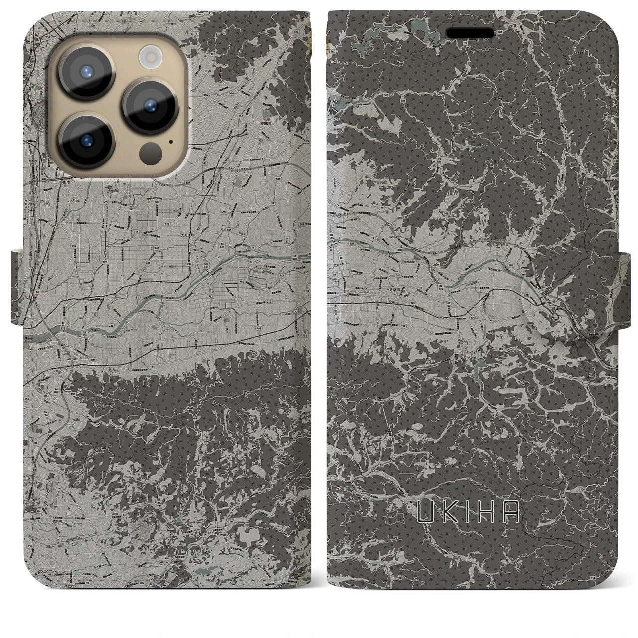 【うきは(福岡県)】地図柄iPhoneケース(手帳タイプ)モノトーン・iPhone 14 Pro Max 用