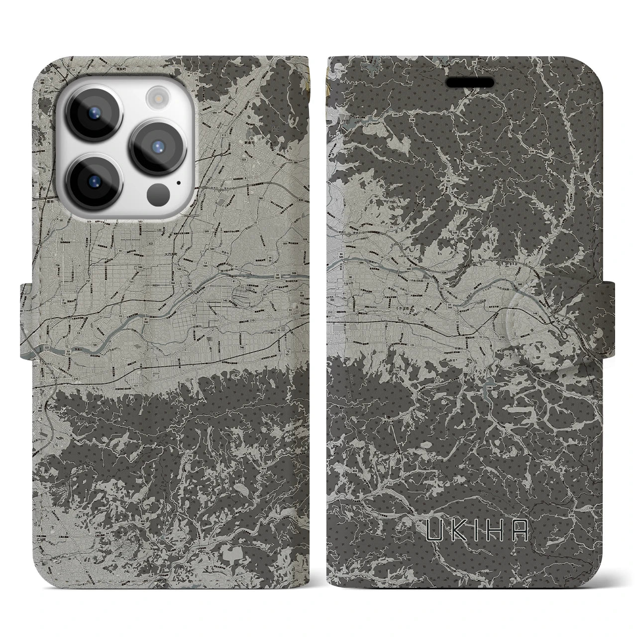【うきは(福岡県)】地図柄iPhoneケース(手帳タイプ)モノトーン・iPhone 14 Pro 用