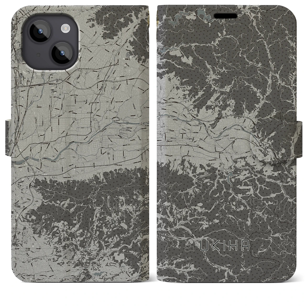 【うきは(福岡県)】地図柄iPhoneケース(手帳タイプ)モノトーン・iPhone 14 Plus 用