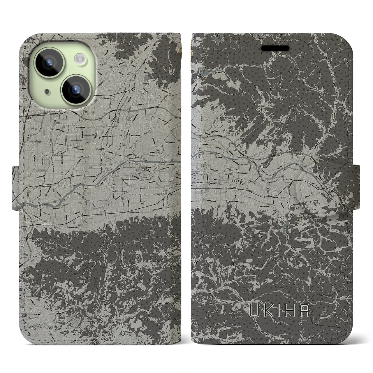 【うきは(福岡県)】地図柄iPhoneケース(手帳タイプ)モノトーン・iPhone 15 用