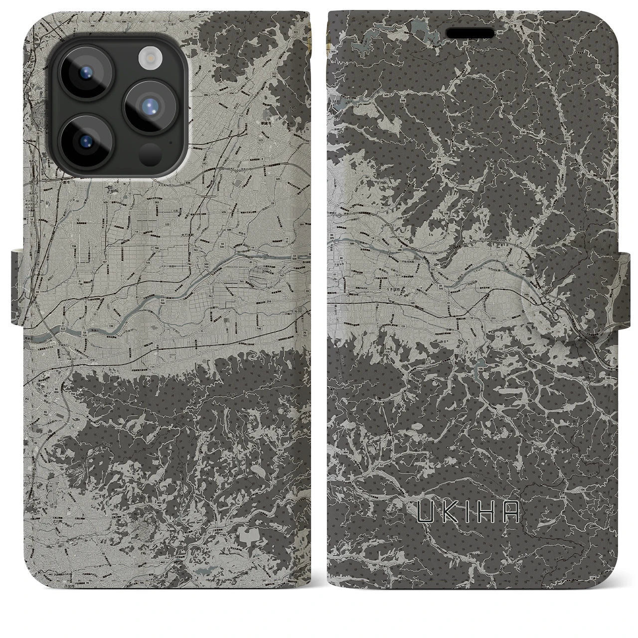 【うきは(福岡県)】地図柄iPhoneケース(手帳タイプ)モノトーン・iPhone 15 Pro Max 用