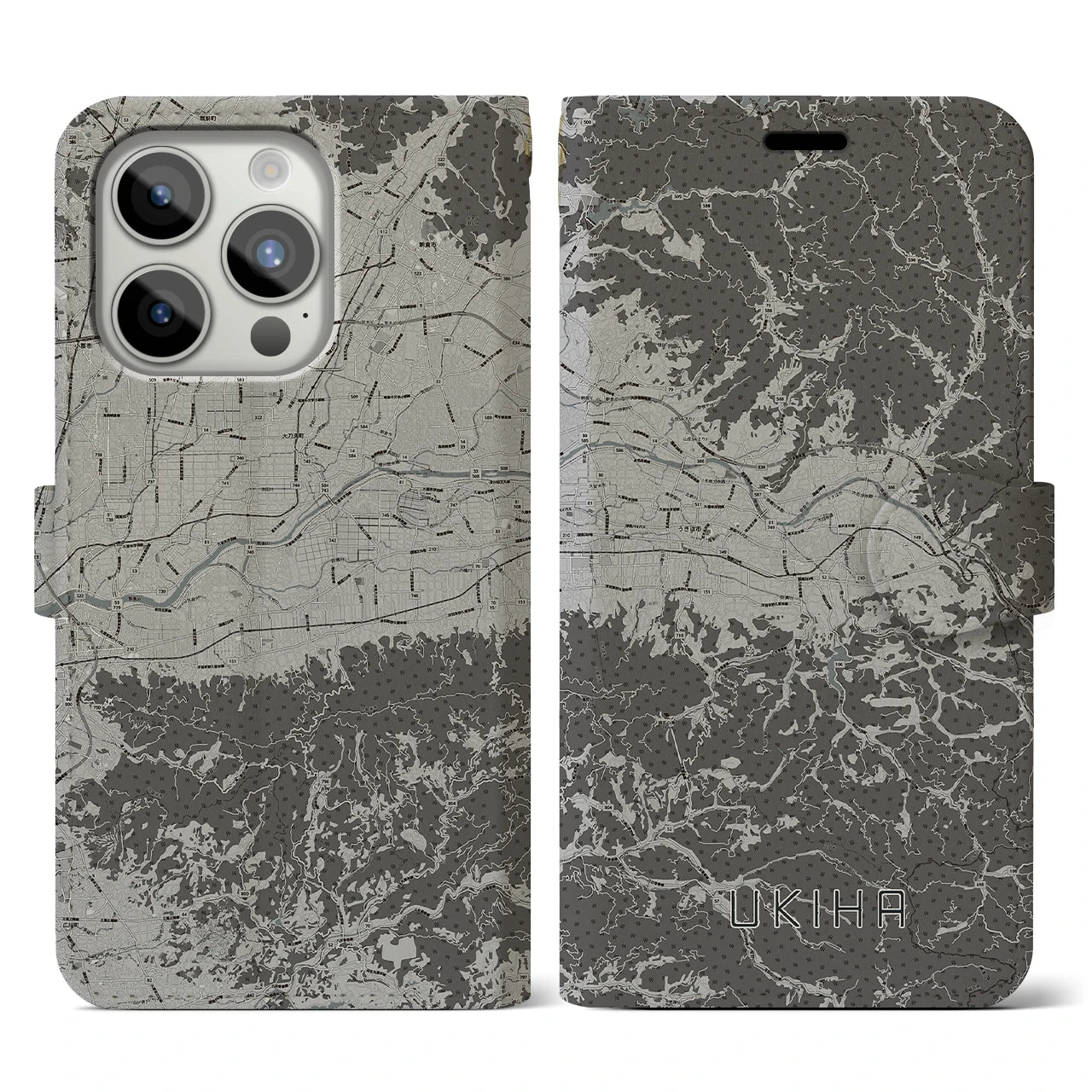 【うきは(福岡県)】地図柄iPhoneケース(手帳タイプ)モノトーン・iPhone 15 Pro 用