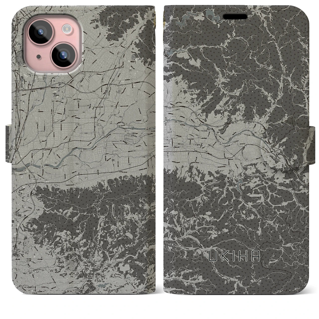 【うきは(福岡県)】地図柄iPhoneケース(手帳タイプ)モノトーン・iPhone 15 Plus 用