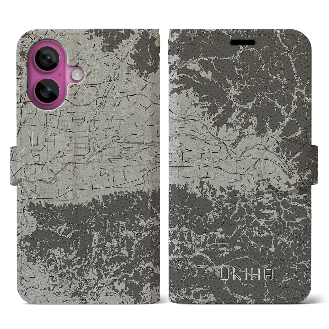 【うきは(福岡県)】地図柄iPhoneケース(手帳タイプ)モノトーン・iPhone 16 Pro 用