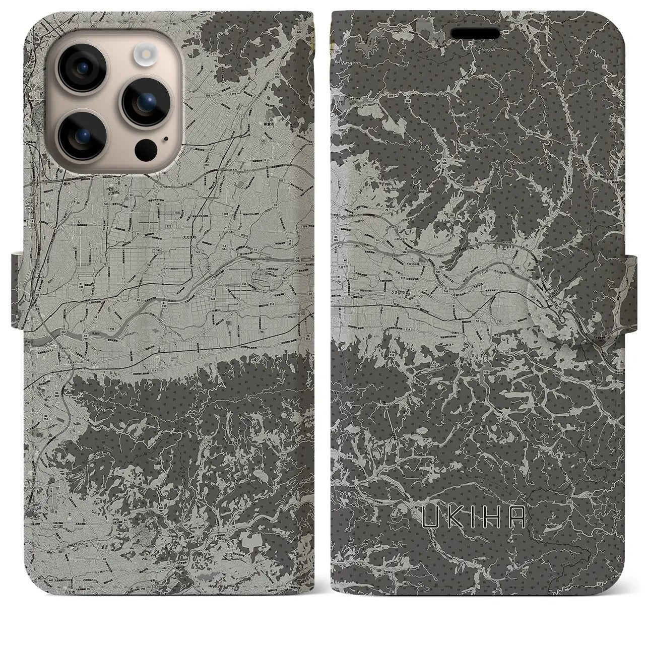 【うきは(福岡県)】地図柄iPhoneケース(手帳タイプ)モノトーン・iPhone 16 Plus 用