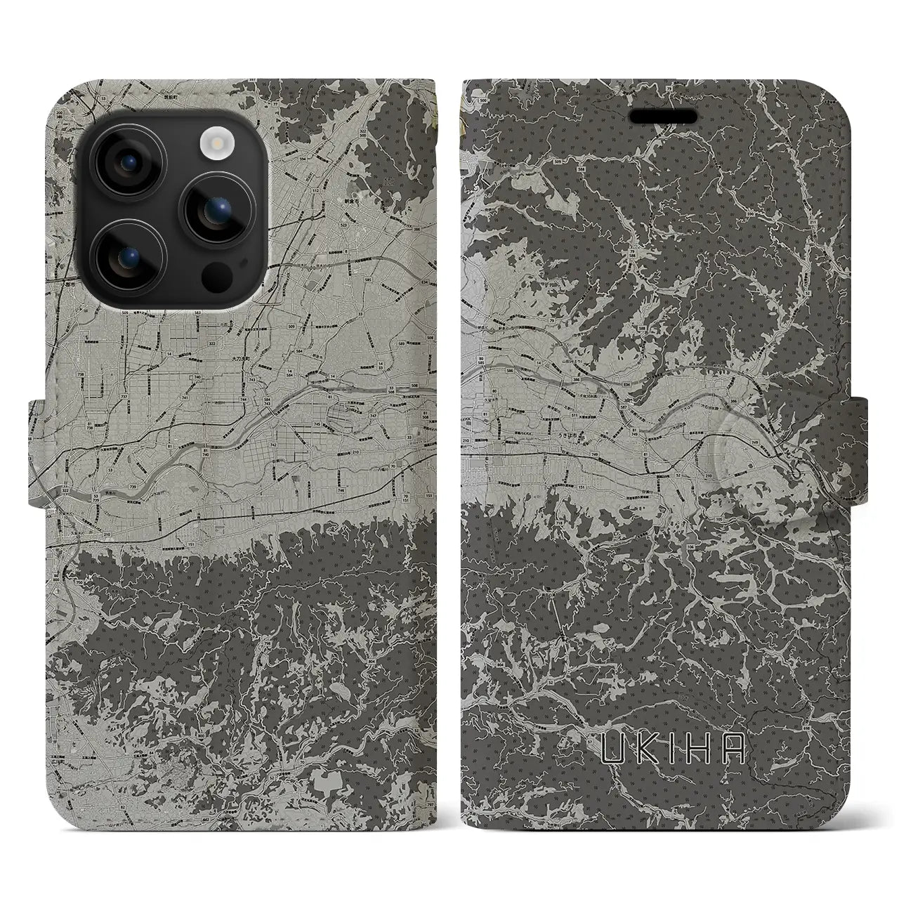 【うきは(福岡県)】地図柄iPhoneケース(手帳タイプ)モノトーン・iPhone 16 用