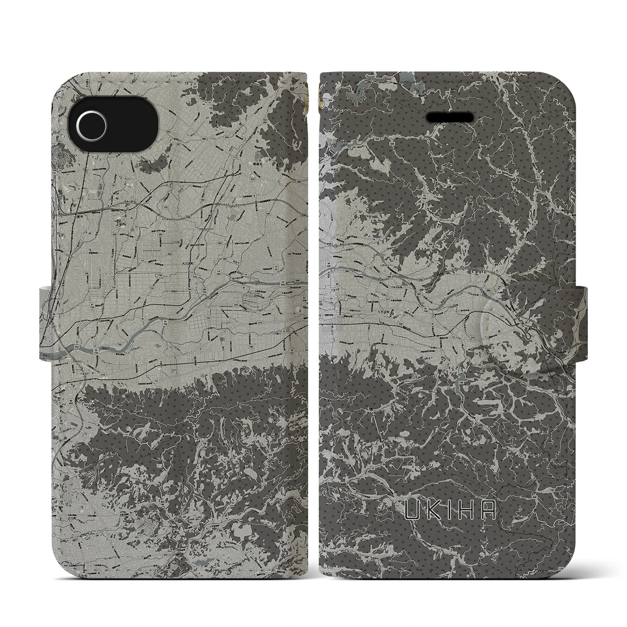 【うきは(福岡県)】地図柄iPhoneケース(手帳タイプ)モノトーン・iPhone SE(第3 / 第2世代) / 8 / 7 / 6s / 6 用