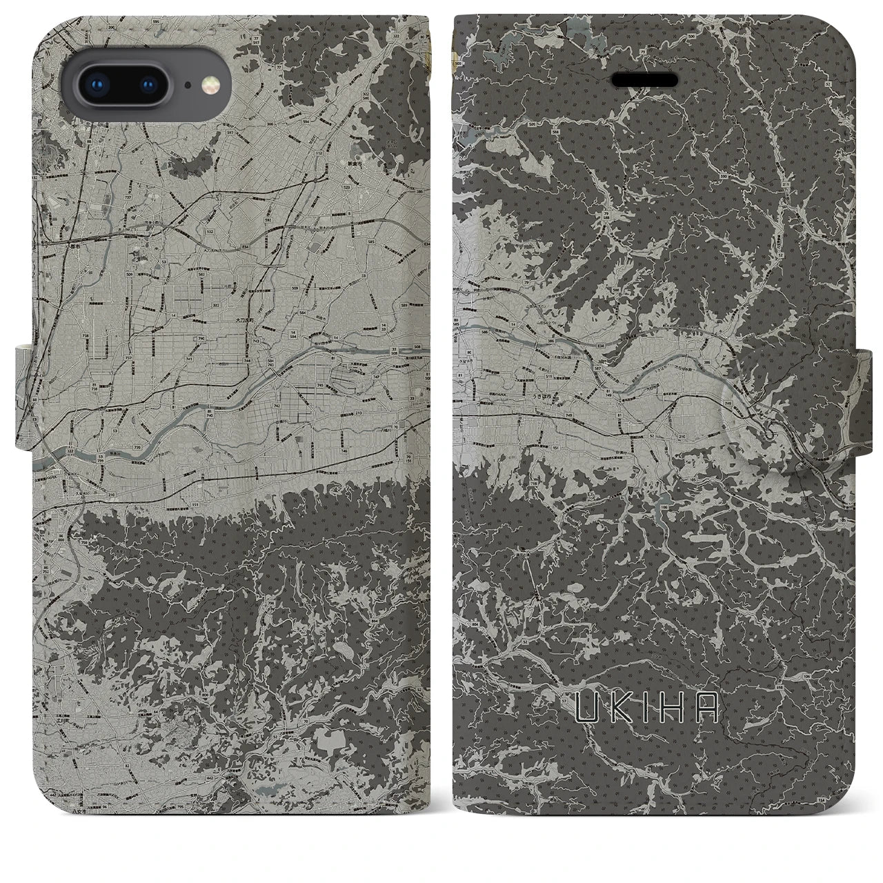 【うきは(福岡県)】地図柄iPhoneケース(手帳タイプ)モノトーン・iPhone 8Plus /7Plus / 6sPlus / 6Plus 用