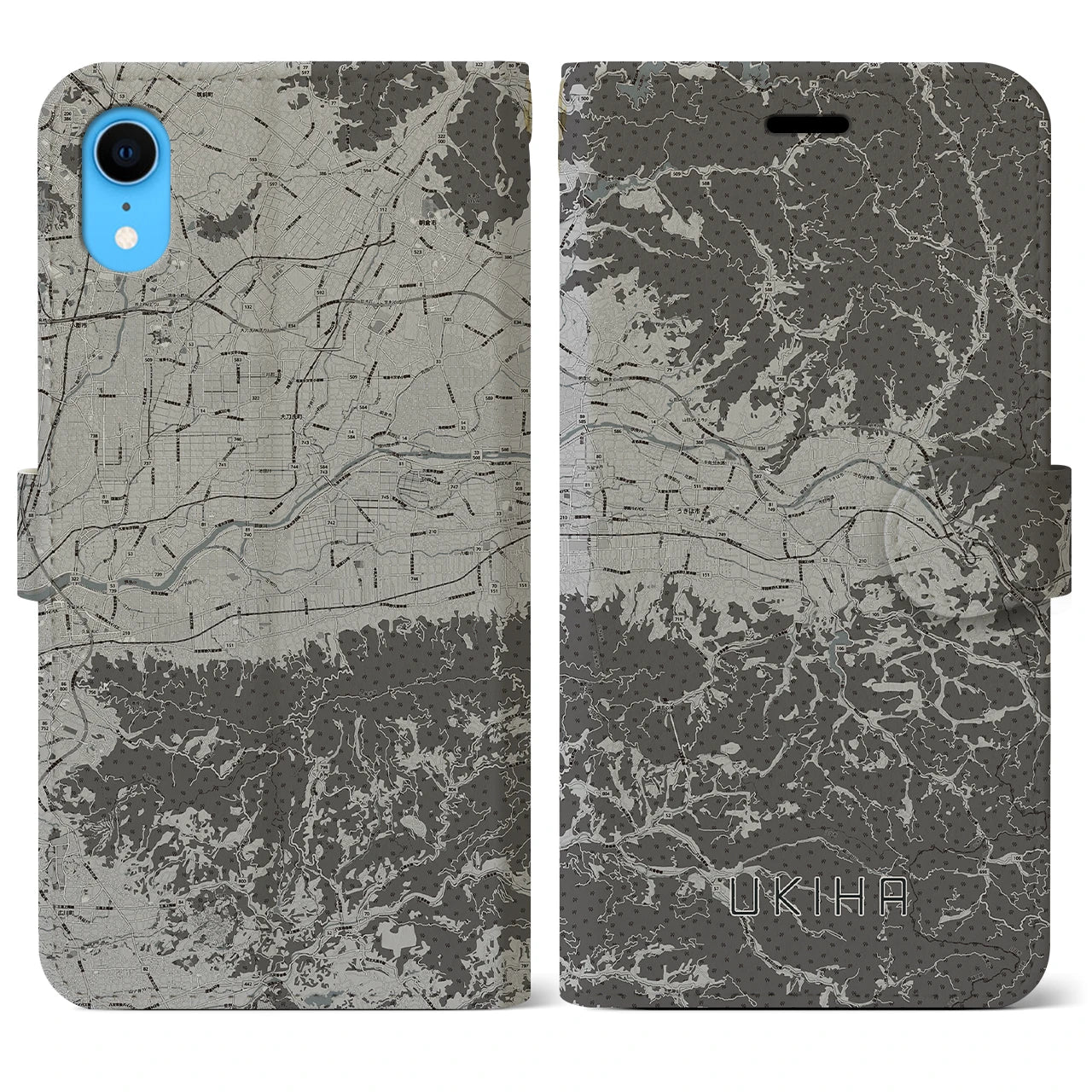 【うきは(福岡県)】地図柄iPhoneケース(手帳タイプ)モノトーン・iPhone XR 用