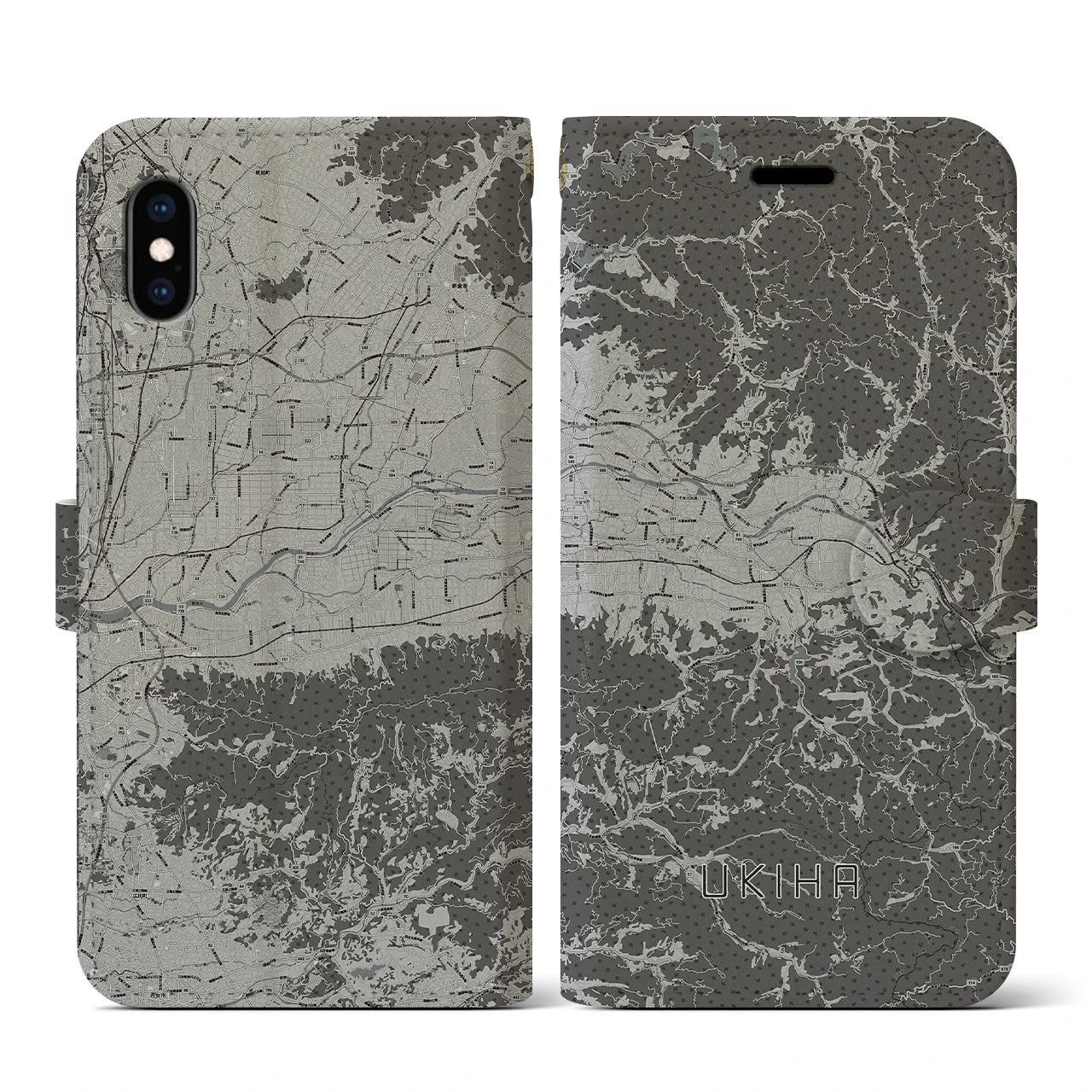 【うきは(福岡県)】地図柄iPhoneケース(手帳タイプ)モノトーン・iPhone XS / X 用