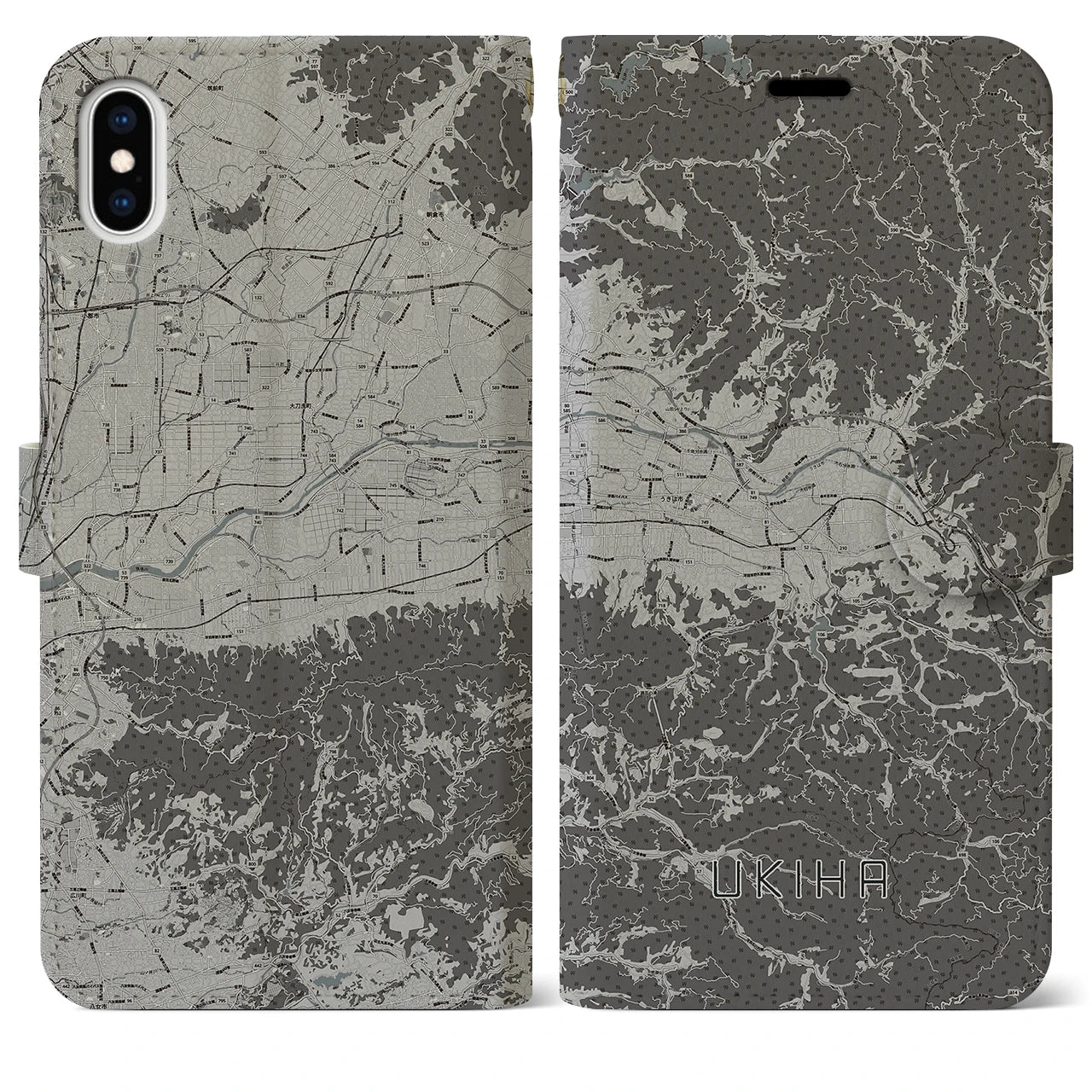 【うきは(福岡県)】地図柄iPhoneケース(手帳タイプ)モノトーン・iPhone XS Max 用