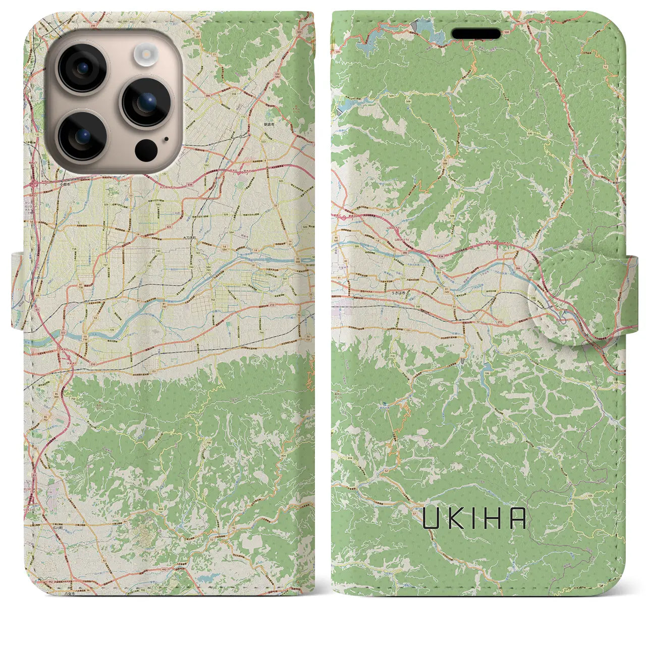 【うきは(福岡県)】地図柄iPhoneケース(手帳タイプ)ナチュラル・iPhone 16 Plus 用