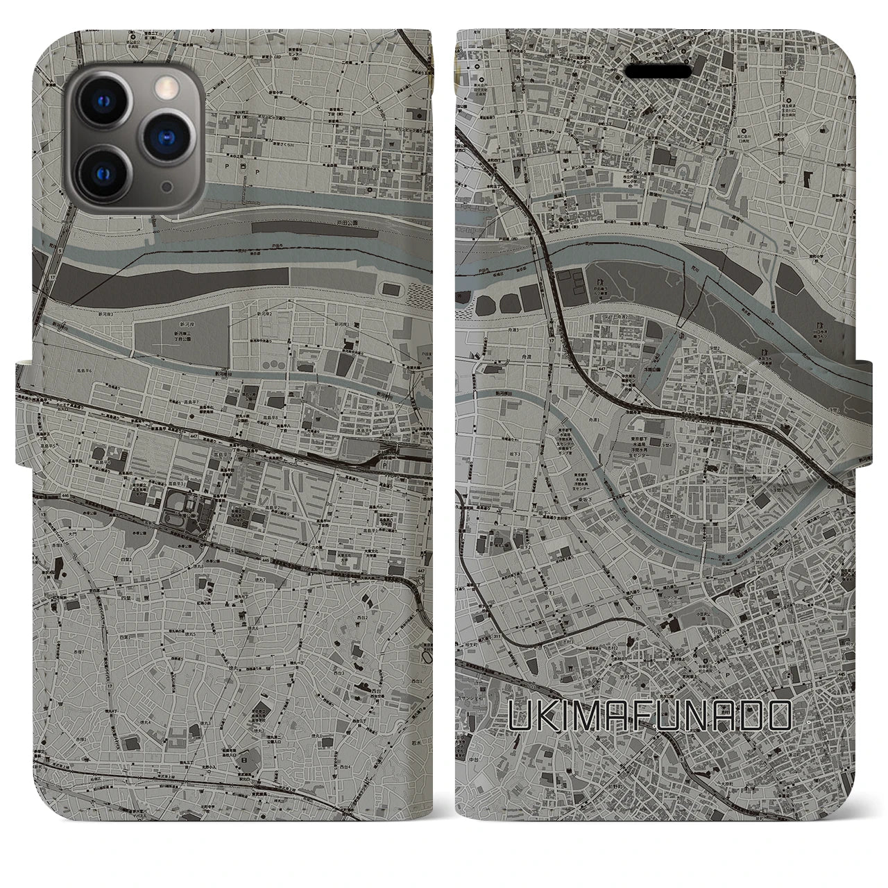 【浮間舟渡(東京都)】地図柄iPhoneケース(手帳タイプ)モノトーン・iPhone 11 Pro Max 用