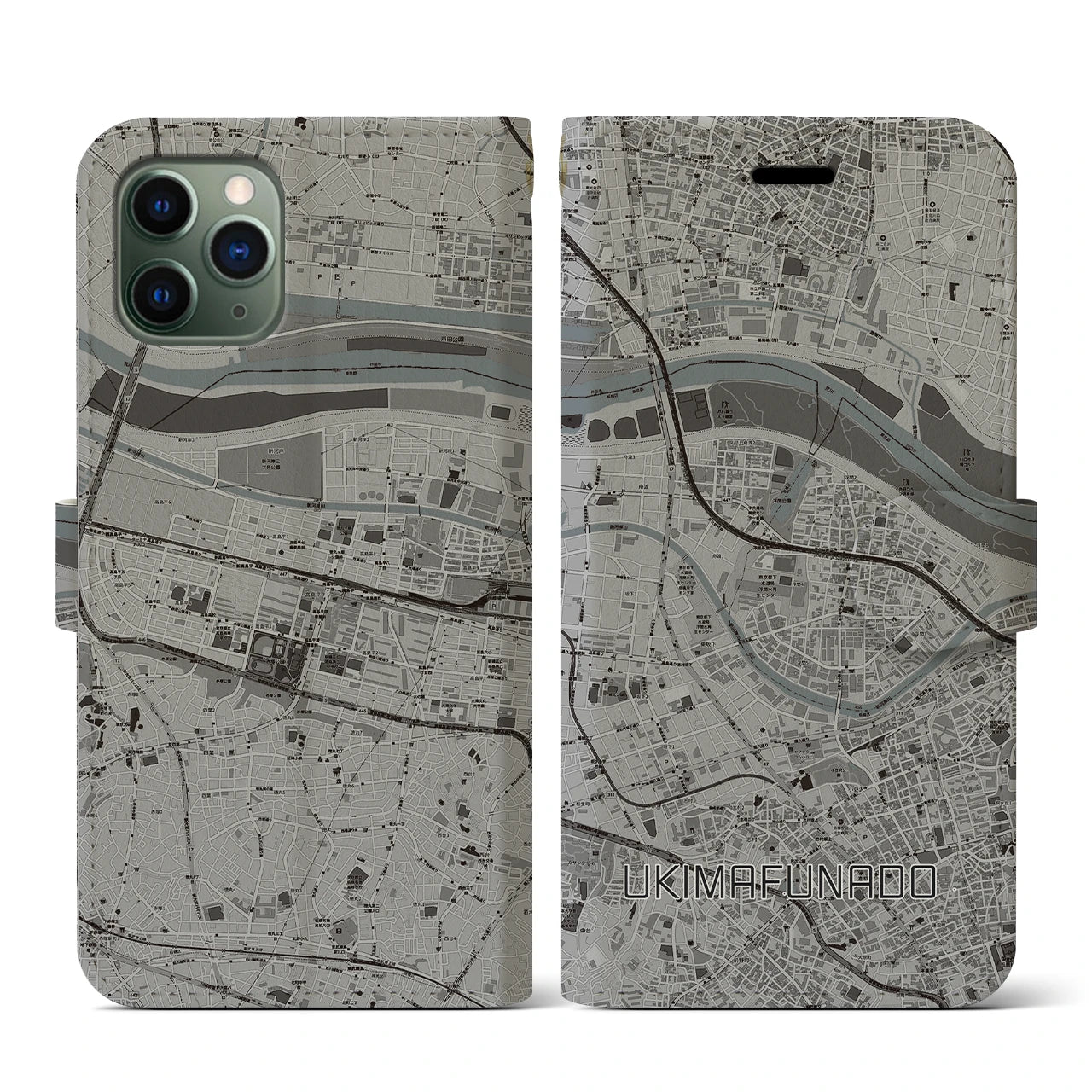 【浮間舟渡(東京都)】地図柄iPhoneケース(手帳タイプ)モノトーン・iPhone 11 Pro 用