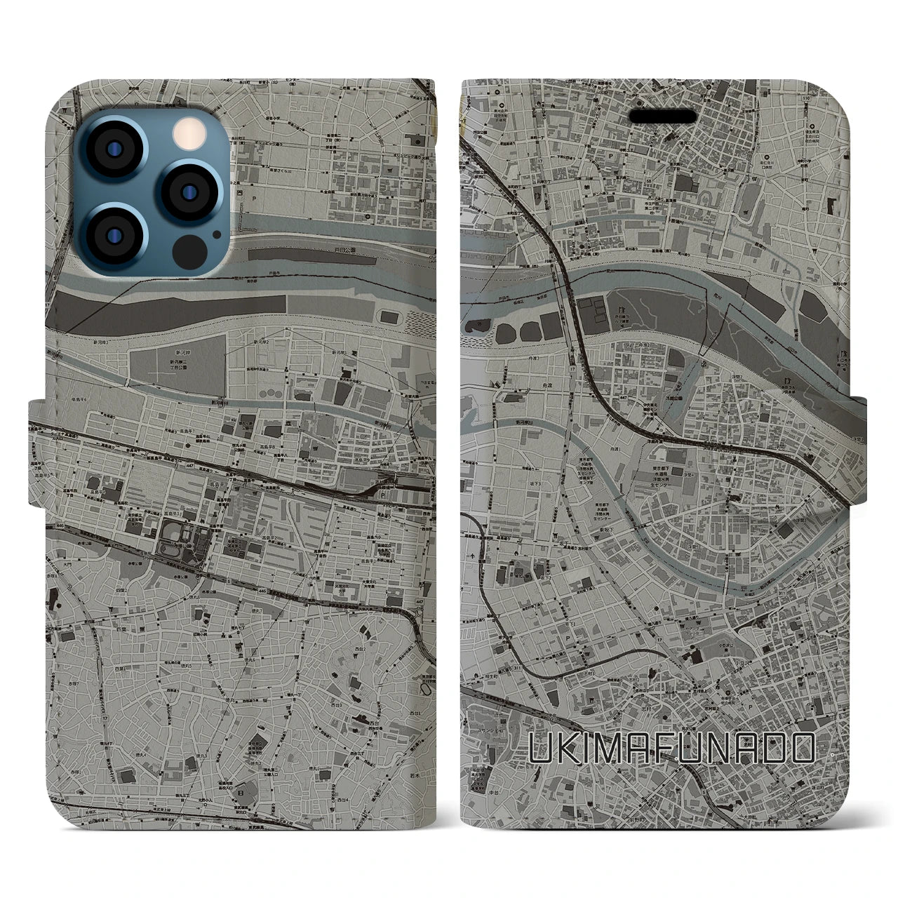 【浮間舟渡(東京都)】地図柄iPhoneケース(手帳タイプ)モノトーン・iPhone 12 / 12 Pro 用