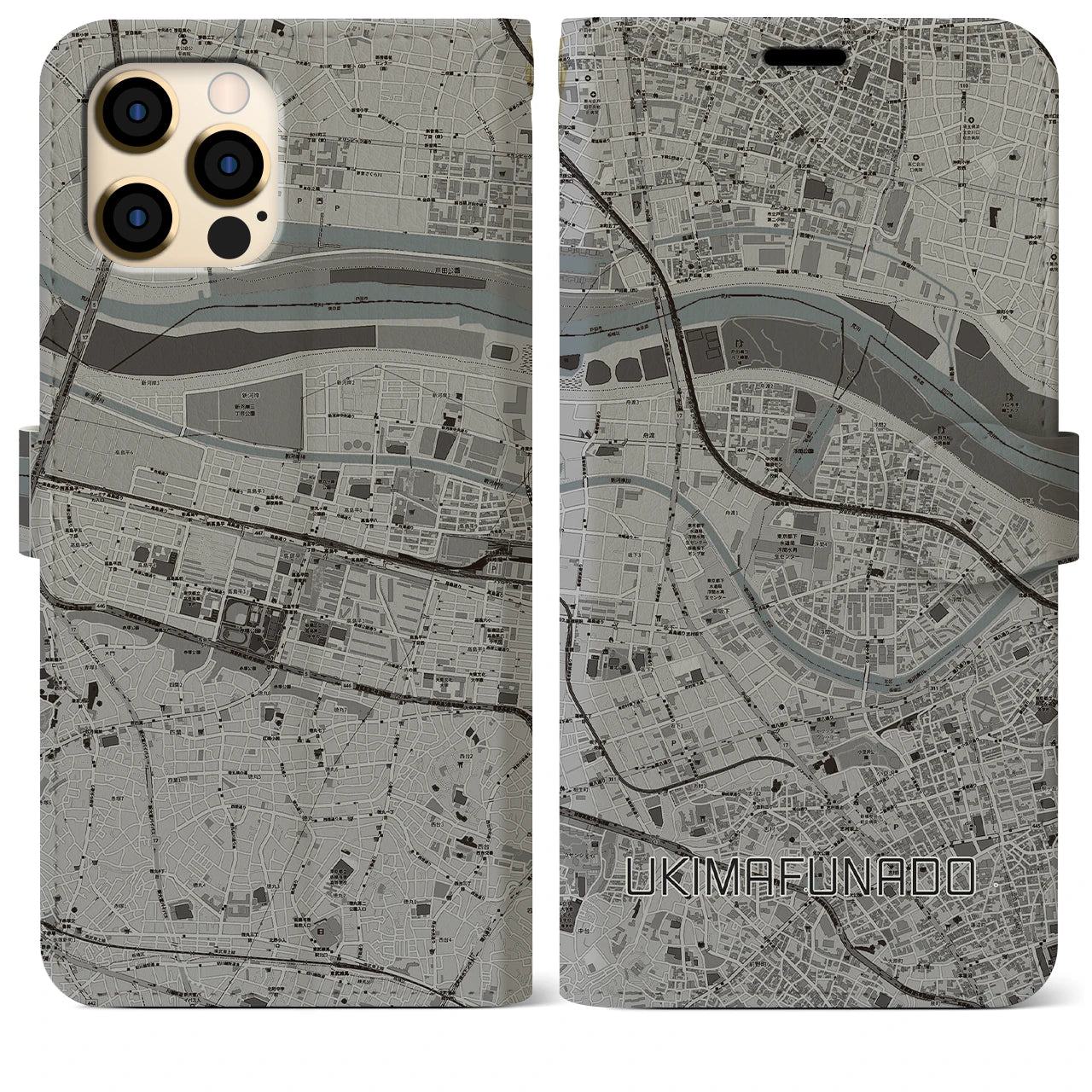 【浮間舟渡(東京都)】地図柄iPhoneケース(手帳タイプ)モノトーン・iPhone 12 Pro Max 用