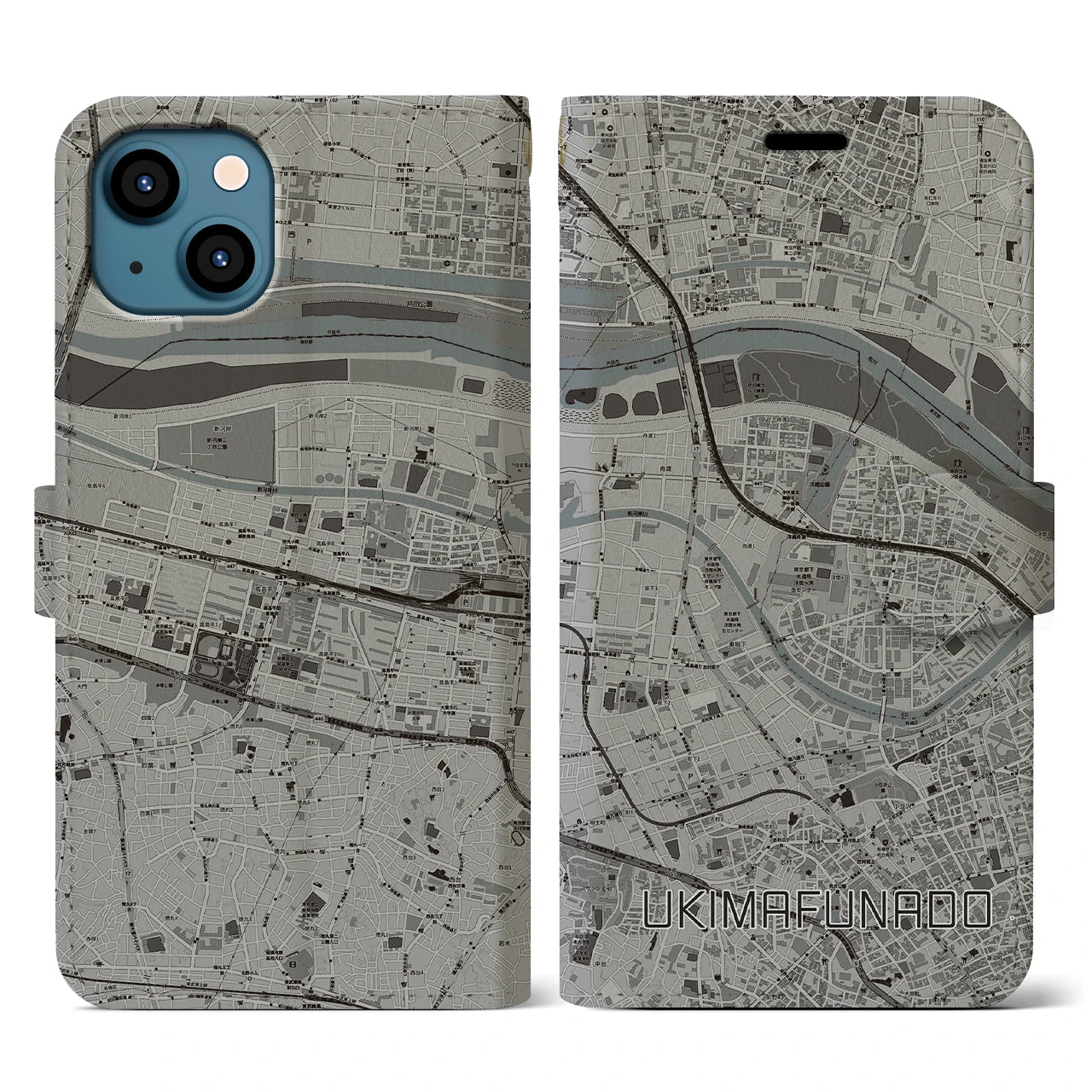 【浮間舟渡(東京都)】地図柄iPhoneケース(手帳タイプ)モノトーン・iPhone 13 用