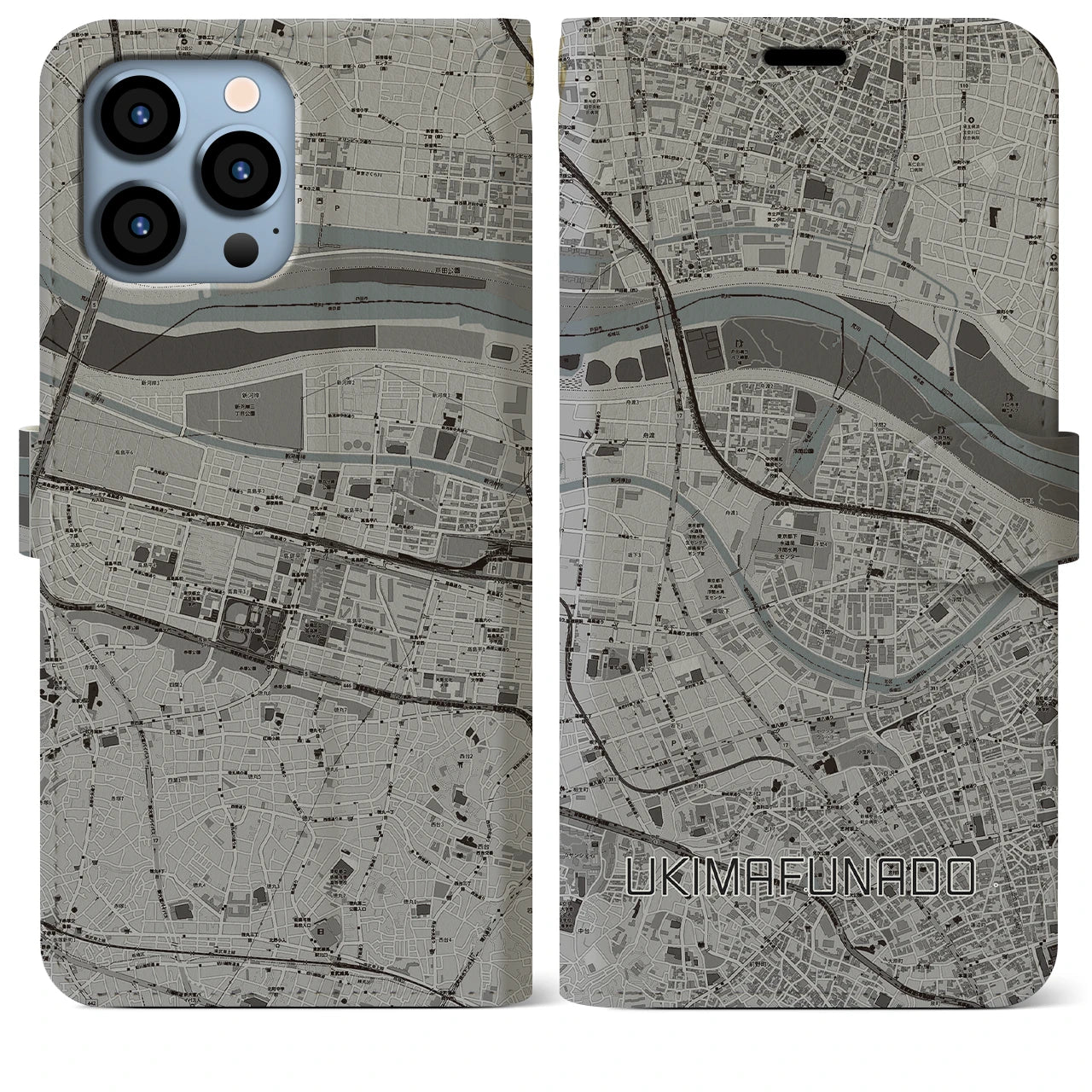 【浮間舟渡(東京都)】地図柄iPhoneケース(手帳タイプ)モノトーン・iPhone 13 Pro Max 用