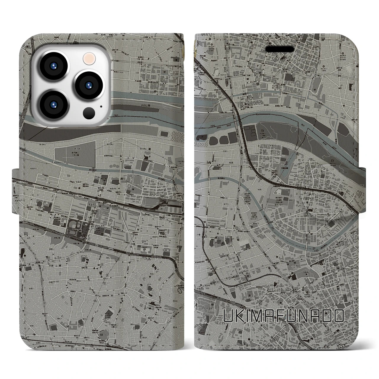【浮間舟渡(東京都)】地図柄iPhoneケース(手帳タイプ)モノトーン・iPhone 13 Pro 用