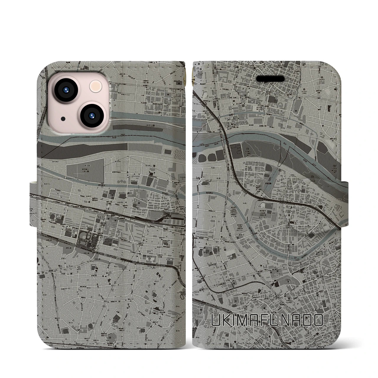 【浮間舟渡(東京都)】地図柄iPhoneケース(手帳タイプ)モノトーン・iPhone 13 mini 用