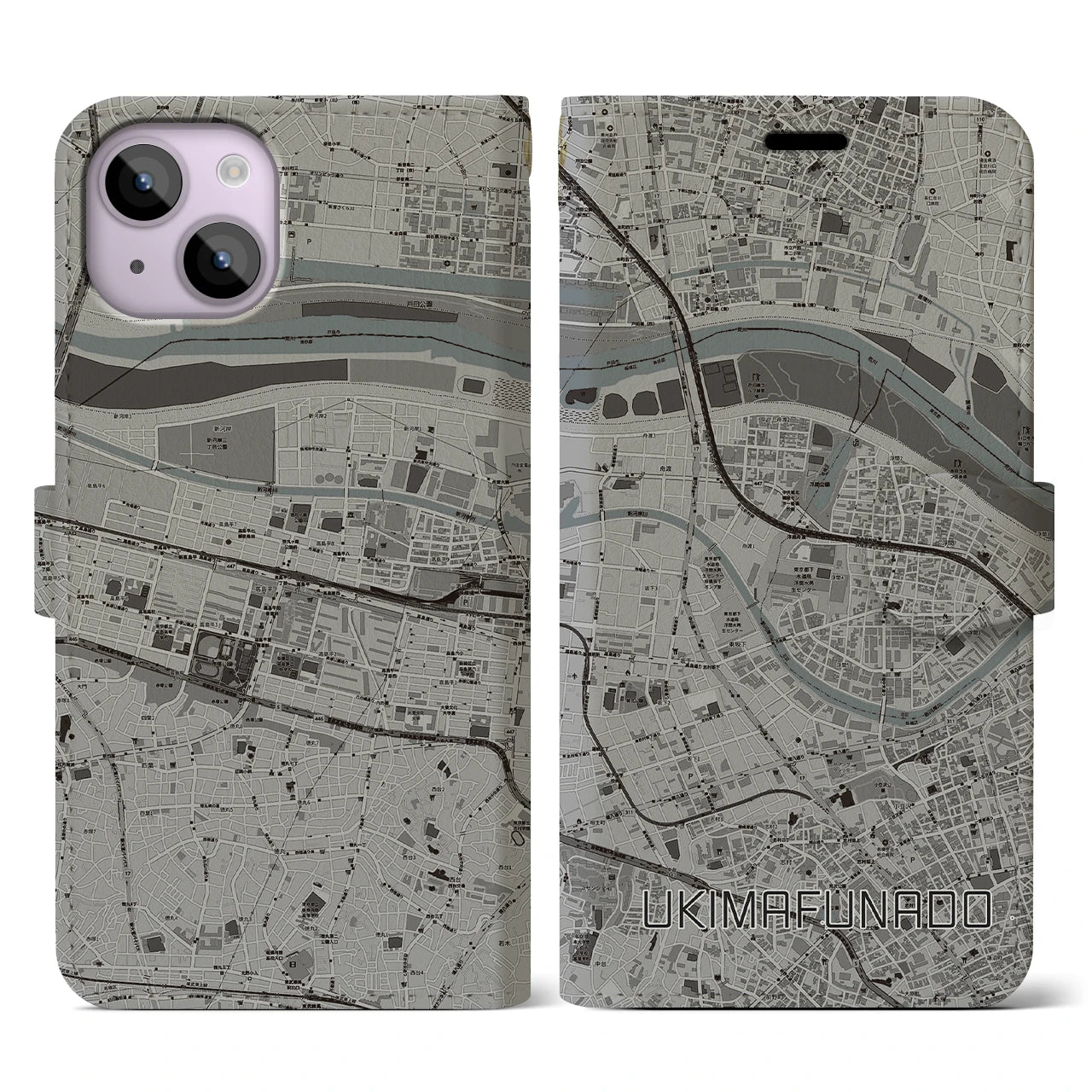 【浮間舟渡(東京都)】地図柄iPhoneケース(手帳タイプ)モノトーン・iPhone 14 用