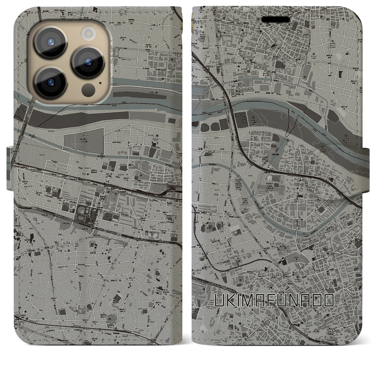 【浮間舟渡(東京都)】地図柄iPhoneケース(手帳タイプ)モノトーン・iPhone 14 Pro Max 用