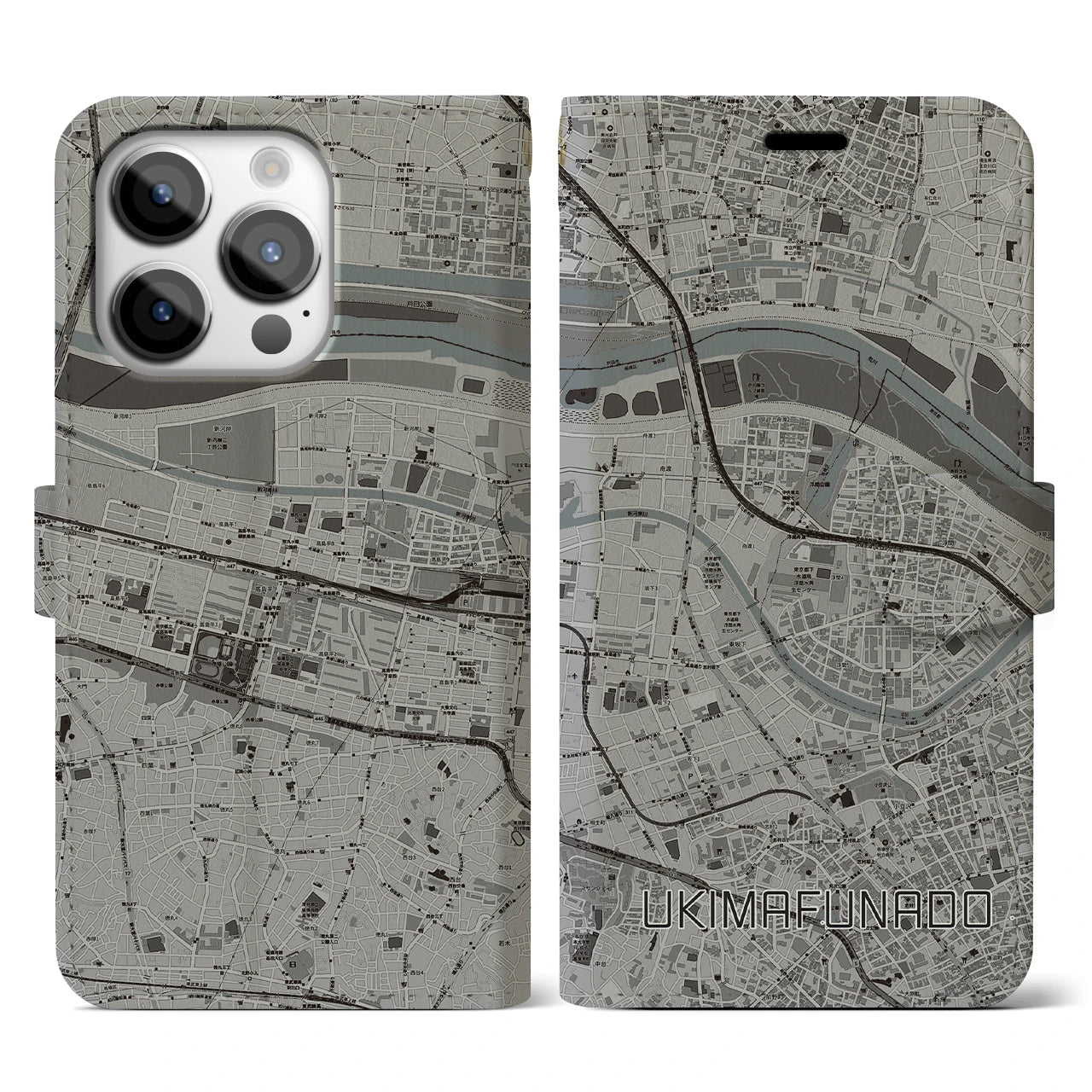【浮間舟渡(東京都)】地図柄iPhoneケース(手帳タイプ)モノトーン・iPhone 14 Pro 用