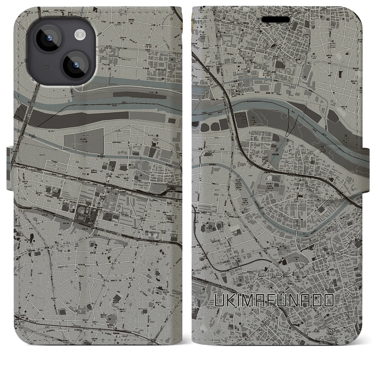 【浮間舟渡(東京都)】地図柄iPhoneケース(手帳タイプ)モノトーン・iPhone 14 Plus 用