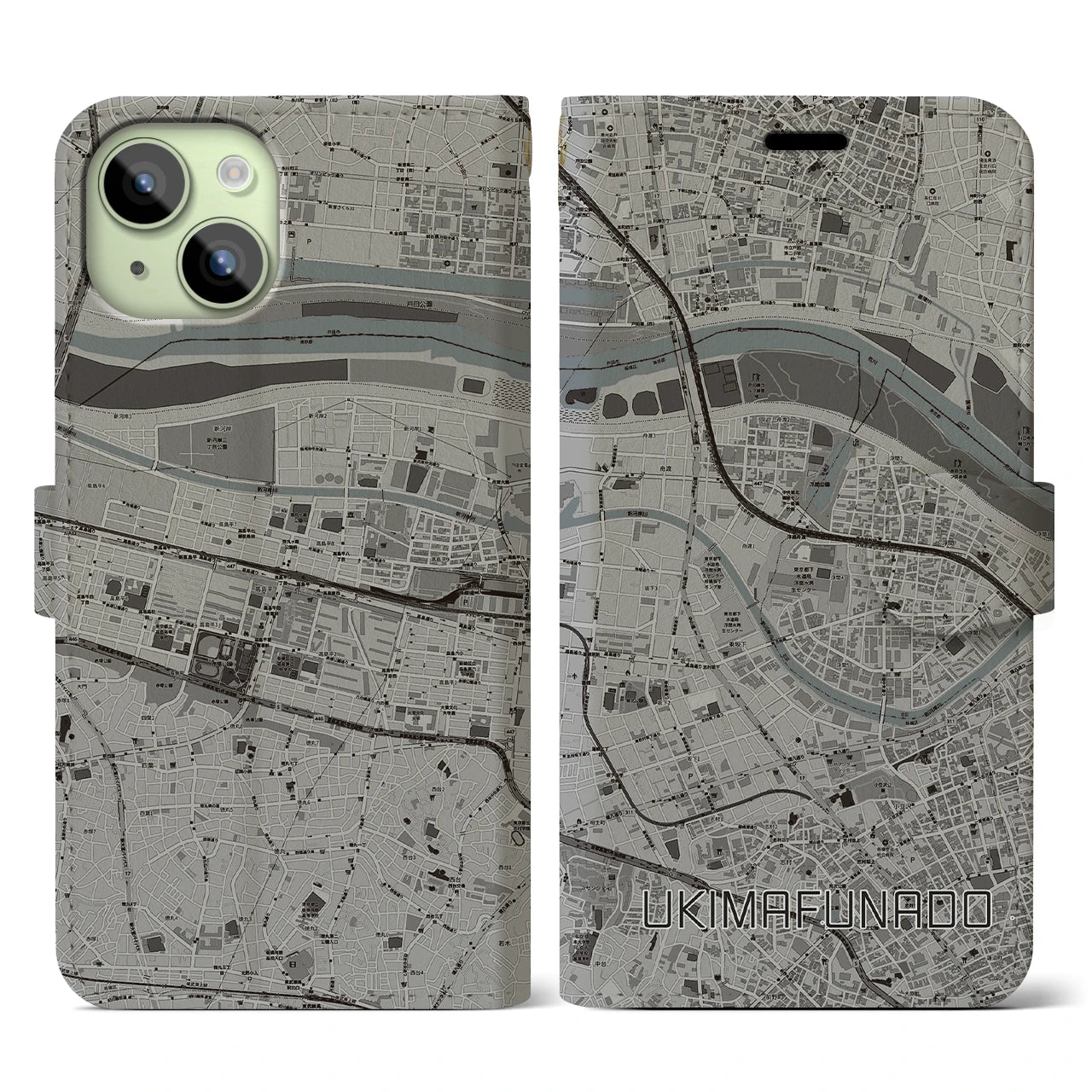 【浮間舟渡(東京都)】地図柄iPhoneケース(手帳タイプ)モノトーン・iPhone 15 用