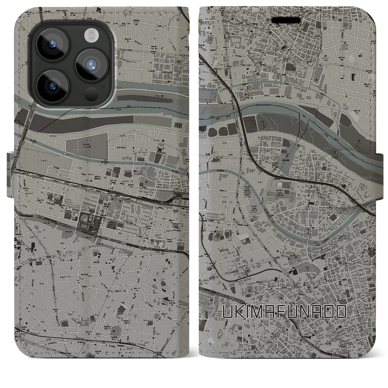 【浮間舟渡(東京都)】地図柄iPhoneケース(手帳タイプ)モノトーン・iPhone 15 Pro Max 用