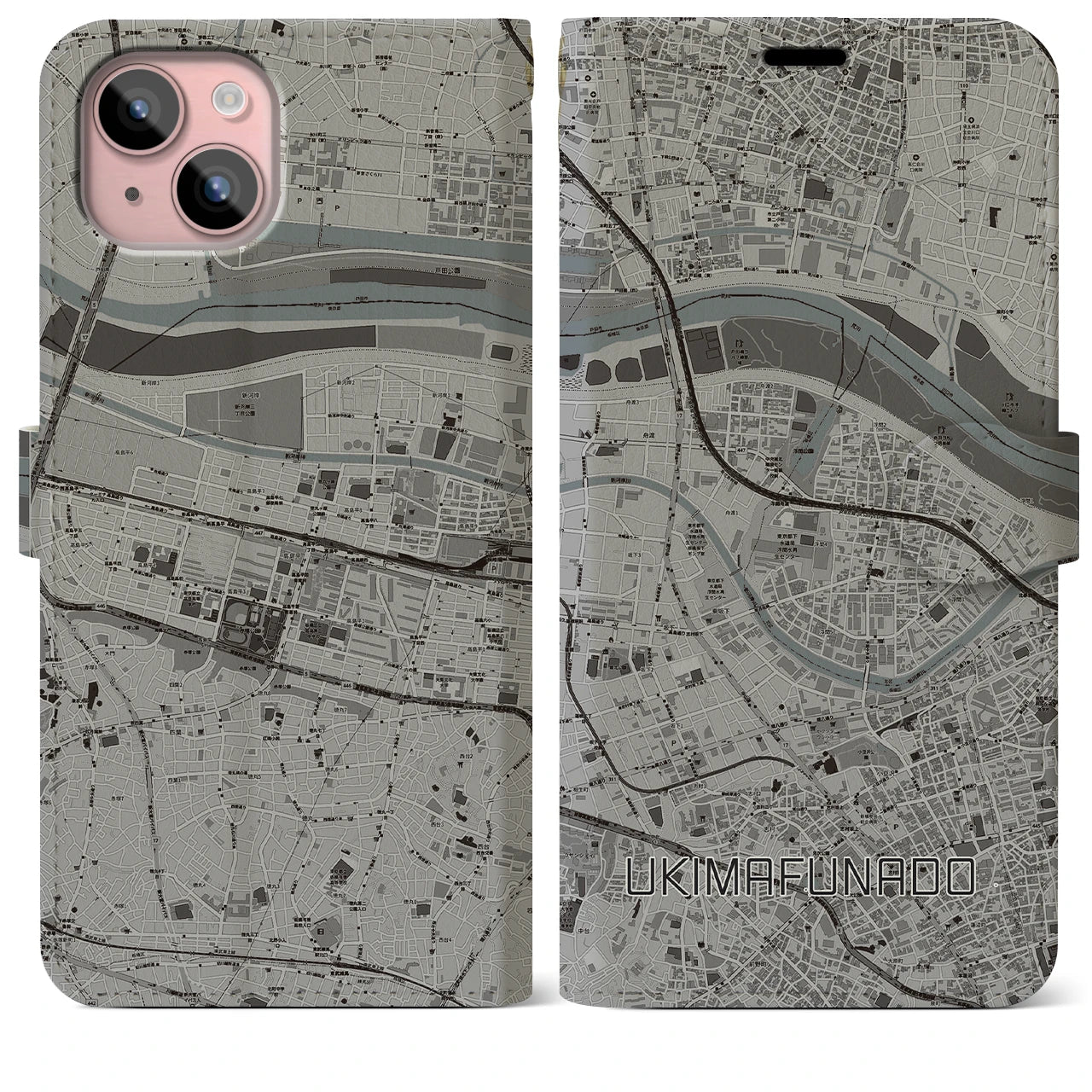 【浮間舟渡(東京都)】地図柄iPhoneケース(手帳タイプ)モノトーン・iPhone 15 Plus 用