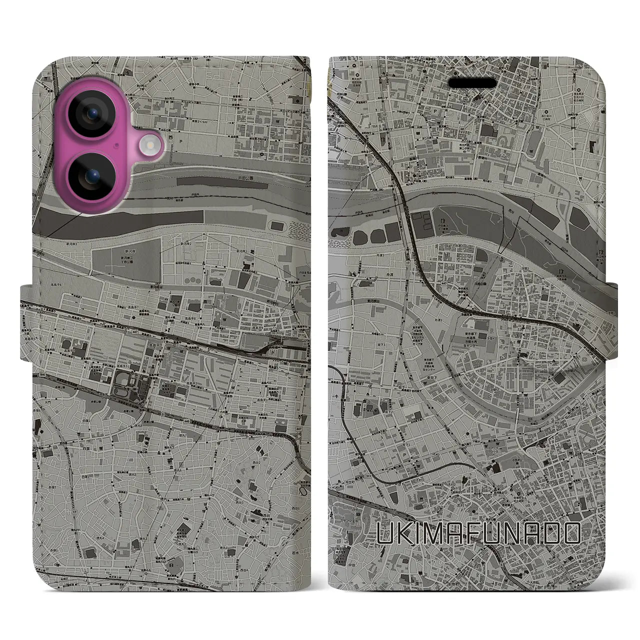【浮間舟渡(東京都)】地図柄iPhoneケース(手帳タイプ)モノトーン・iPhone 16 Pro 用