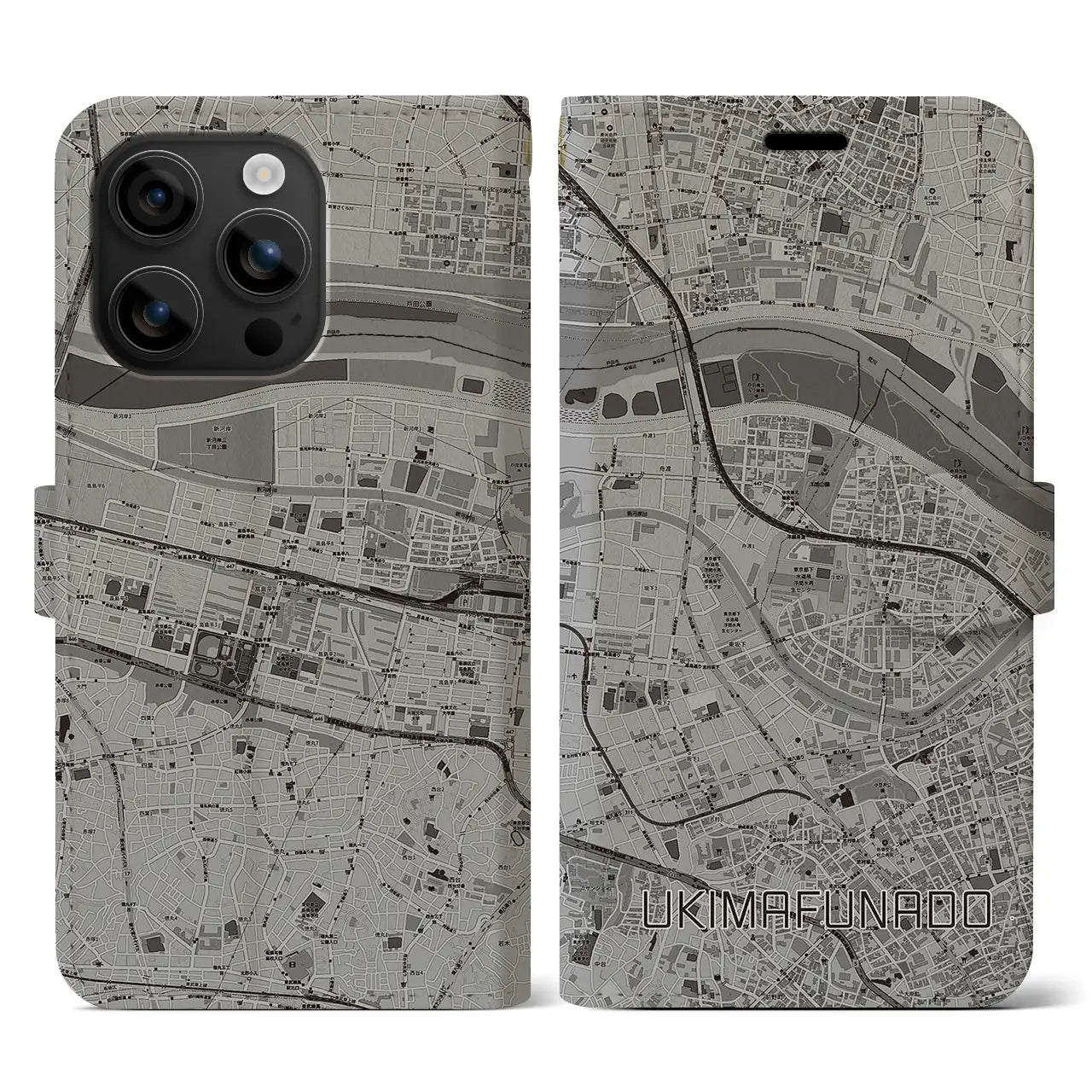 【浮間舟渡(東京都)】地図柄iPhoneケース(手帳タイプ)モノトーン・iPhone 16 用