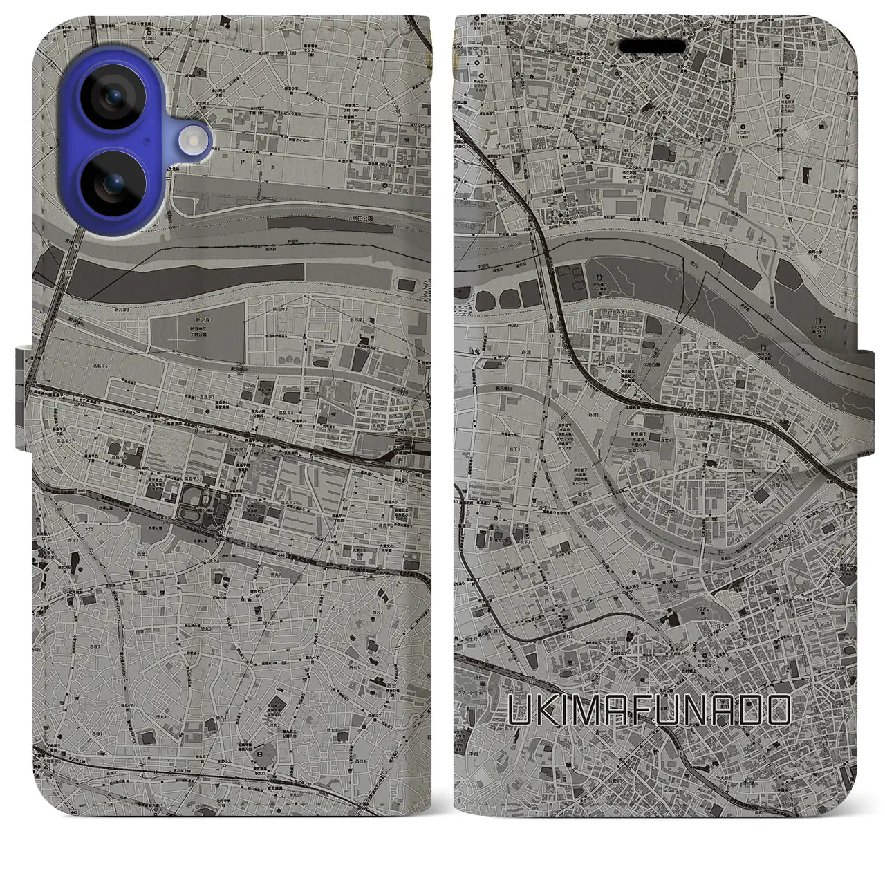 【浮間舟渡(東京都)】地図柄iPhoneケース(手帳タイプ)モノトーン・iPhone 16 Pro Max 用
