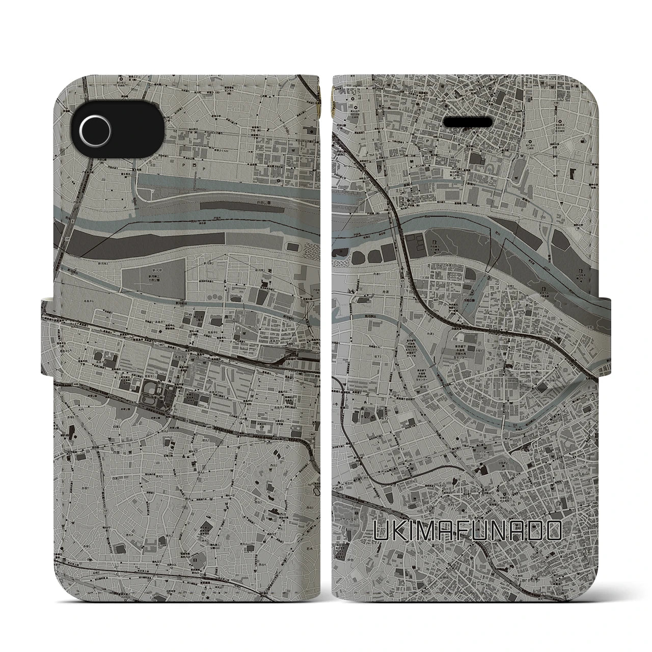 【浮間舟渡(東京都)】地図柄iPhoneケース(手帳タイプ)モノトーン・iPhone SE(第3 / 第2世代) / 8 / 7 / 6s / 6 用
