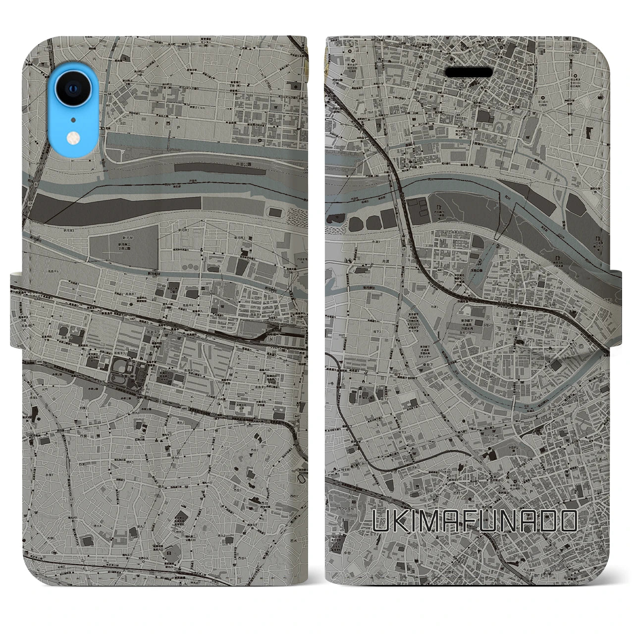 【浮間舟渡(東京都)】地図柄iPhoneケース(手帳タイプ)モノトーン・iPhone XR 用