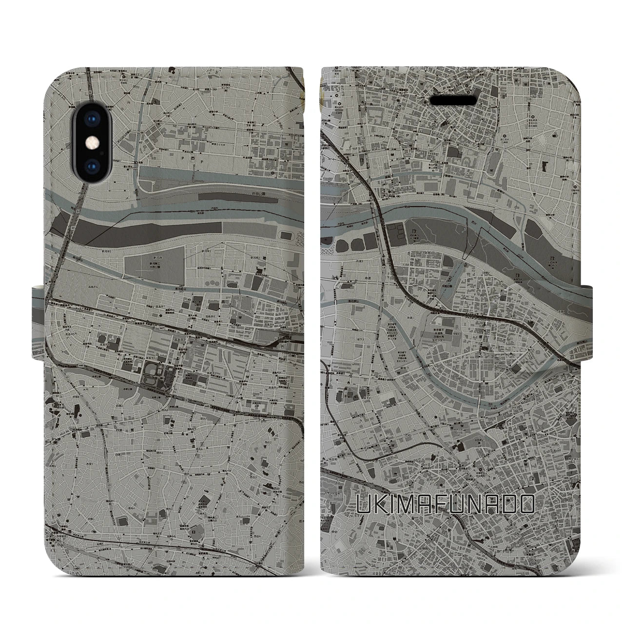【浮間舟渡(東京都)】地図柄iPhoneケース(手帳タイプ)モノトーン・iPhone XS / X 用