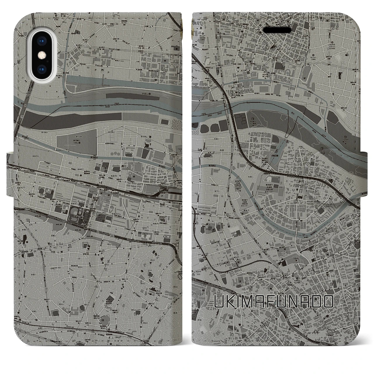 【浮間舟渡(東京都)】地図柄iPhoneケース(手帳タイプ)モノトーン・iPhone XS Max 用