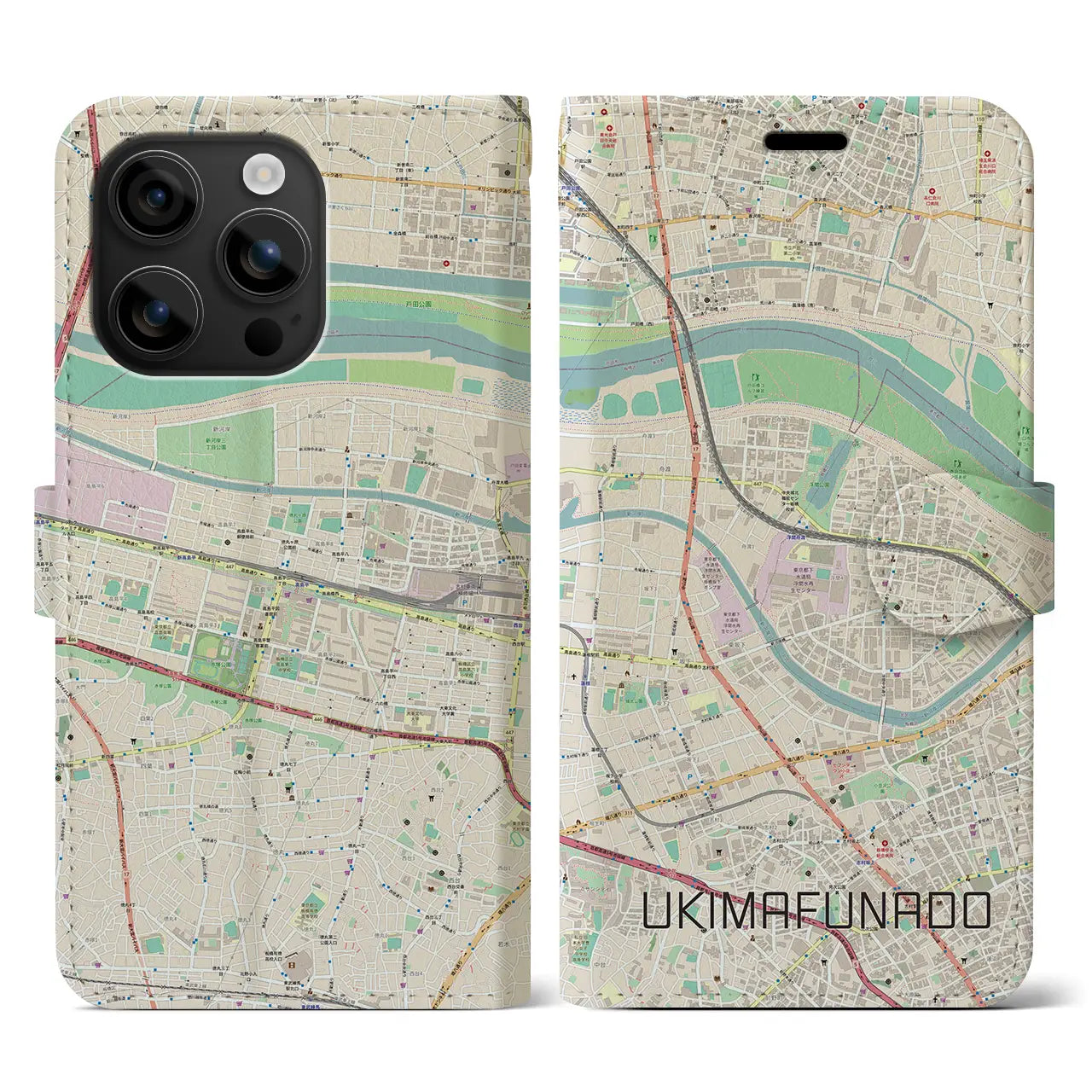 【浮間舟渡(東京都)】地図柄iPhoneケース(手帳タイプ)ナチュラル・iPhone 16 用