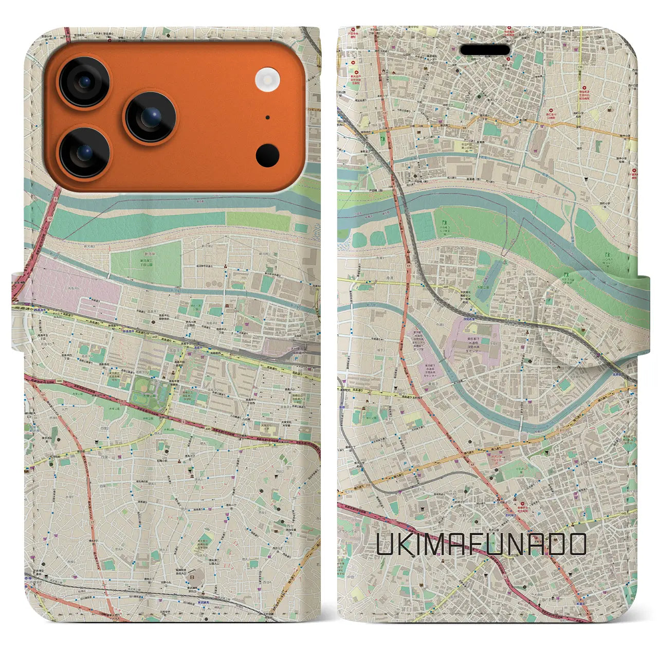 【浮間舟渡(東京都)】地図柄iPhoneケース(手帳タイプ)ナチュラル・iPhone 17 Pro Max 用