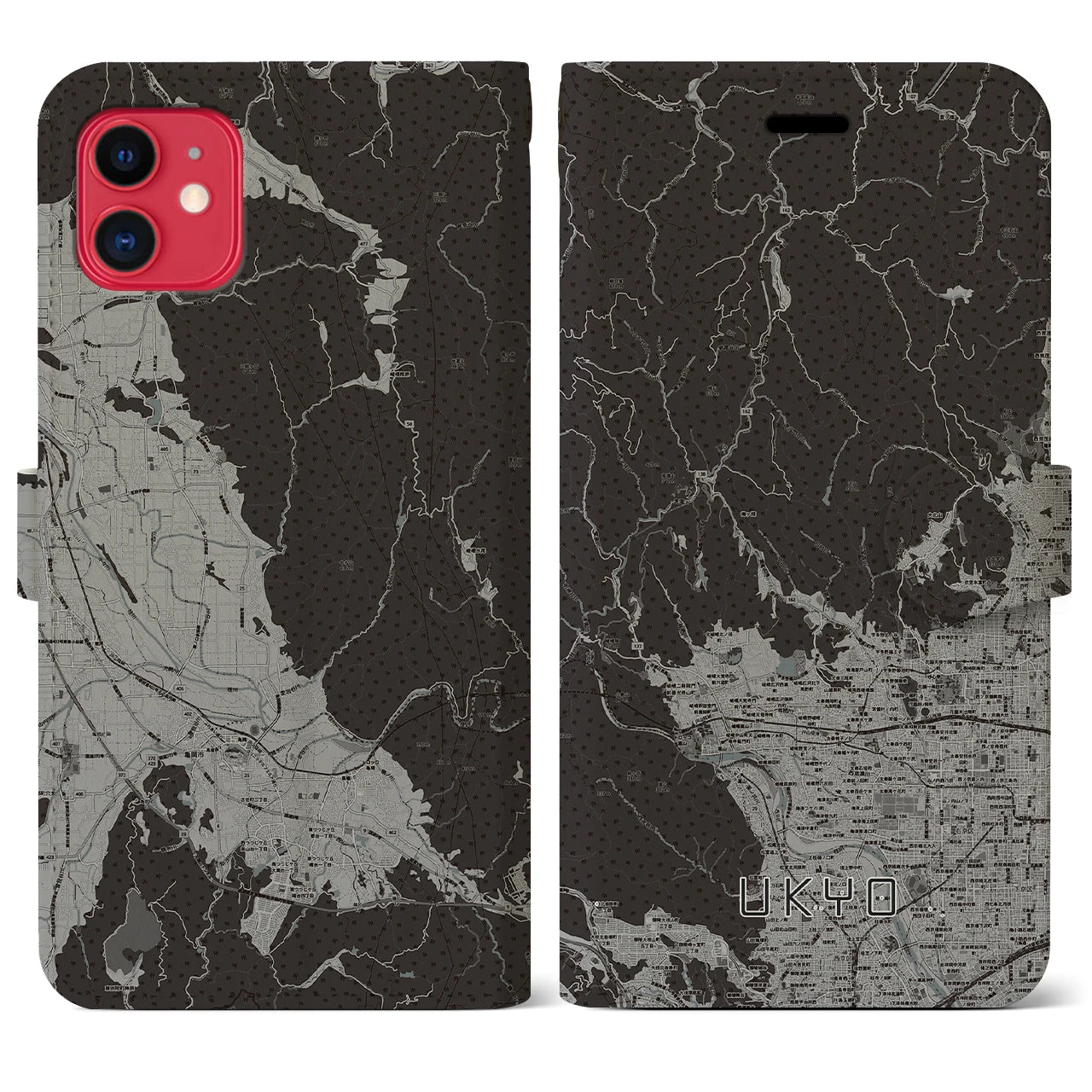 【右京(京都府)】地図柄iPhoneケース(手帳タイプ)モノトーン・iPhone 11 用