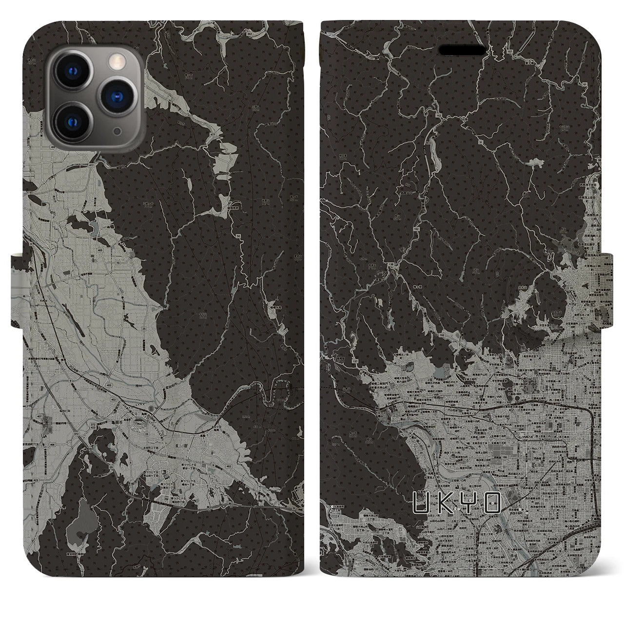 【右京(京都府)】地図柄iPhoneケース(手帳タイプ)モノトーン・iPhone 11 Pro Max 用