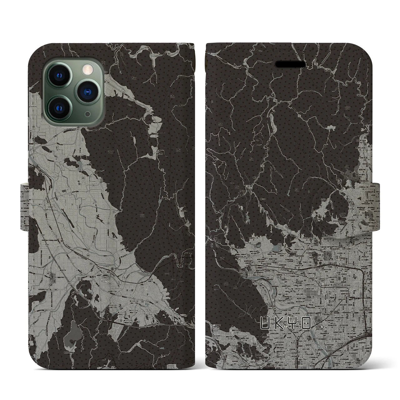 【右京(京都府)】地図柄iPhoneケース(手帳タイプ)モノトーン・iPhone 11 Pro 用