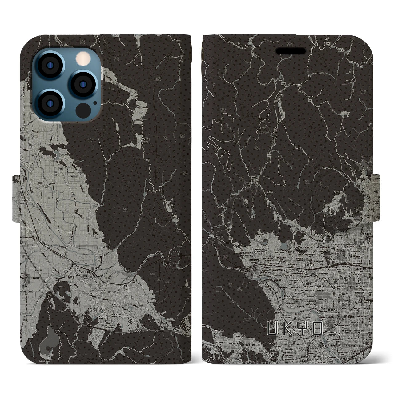 【右京(京都府)】地図柄iPhoneケース(手帳タイプ)モノトーン・iPhone 12 / 12 Pro 用