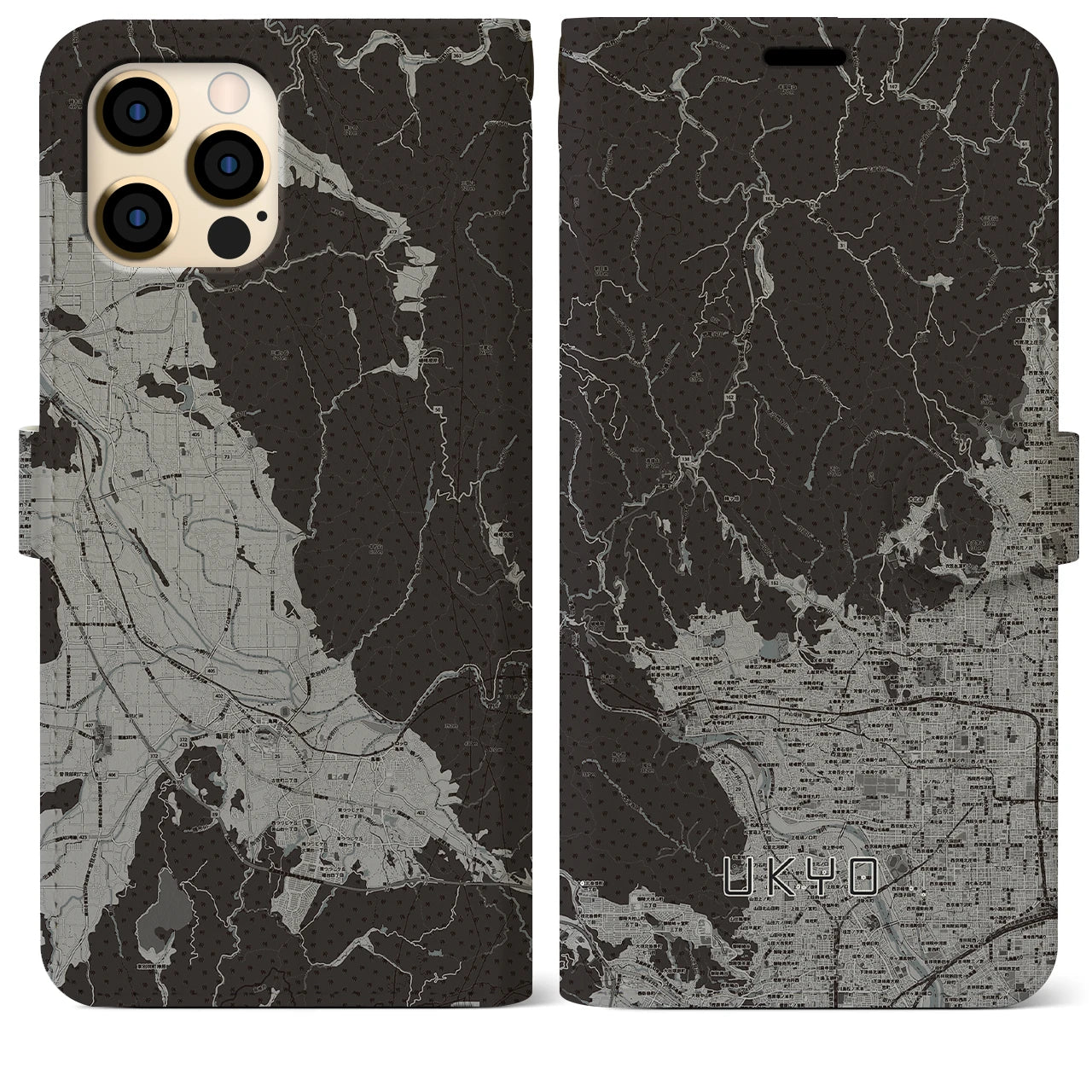 【右京(京都府)】地図柄iPhoneケース(手帳タイプ)モノトーン・iPhone 12 Pro Max 用