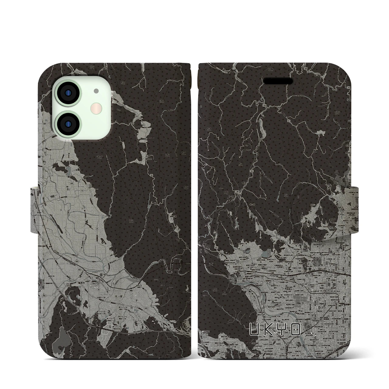 【右京(京都府)】地図柄iPhoneケース(手帳タイプ)モノトーン・iPhone 12 mini 用