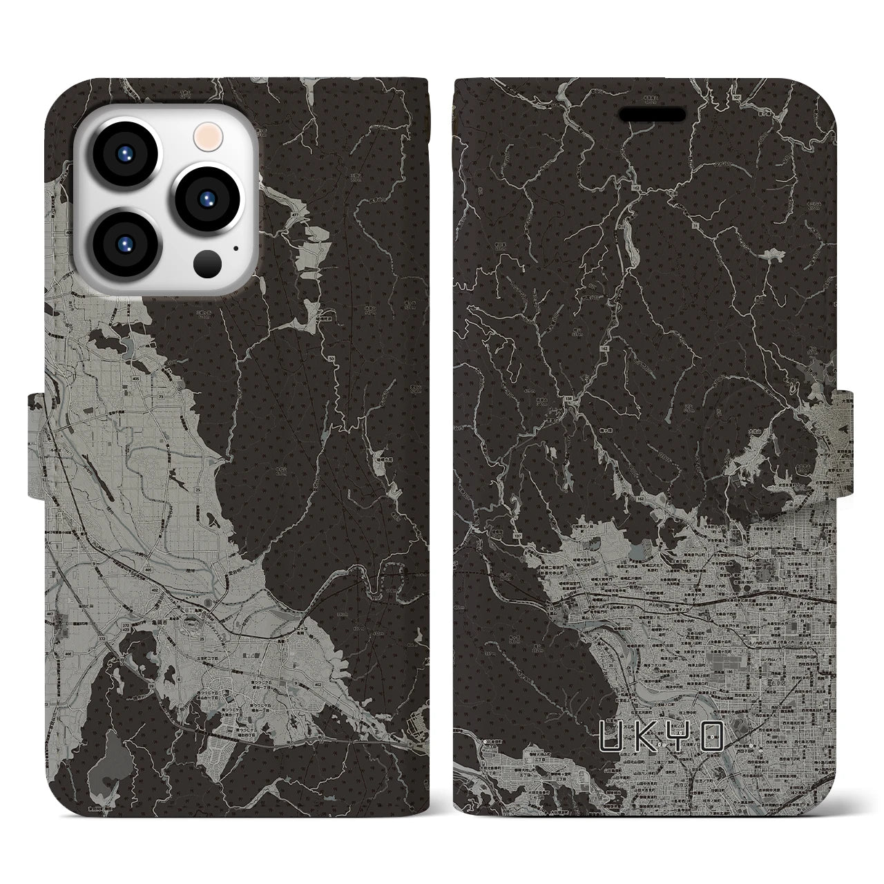 【右京(京都府)】地図柄iPhoneケース(手帳タイプ)モノトーン・iPhone 13 Pro 用