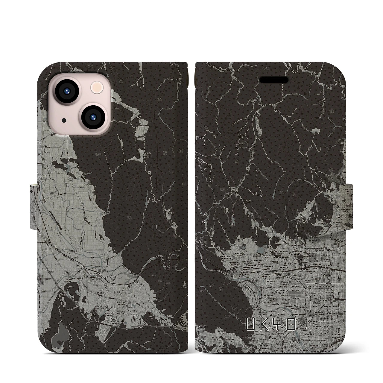 【右京(京都府)】地図柄iPhoneケース(手帳タイプ)モノトーン・iPhone 13 mini 用