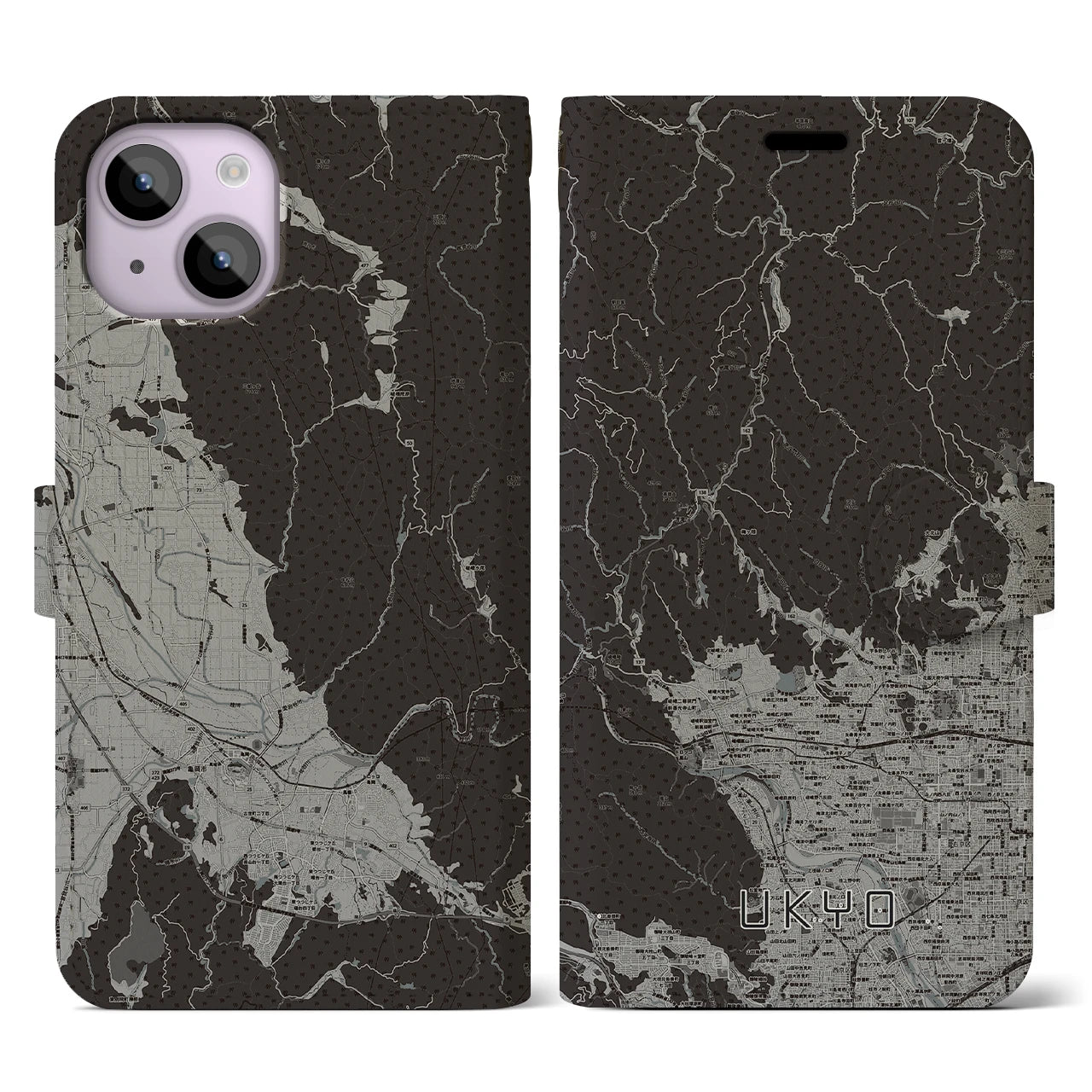 【右京(京都府)】地図柄iPhoneケース(手帳タイプ)モノトーン・iPhone 14 用